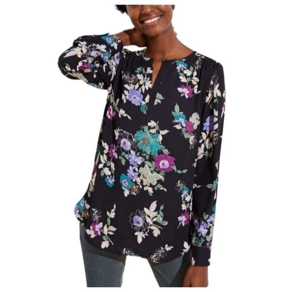 Ann Taylor LOFT Floral Keyhole Tunic Blouse Top Size Small Multicolor Black - Picture 1 of 10